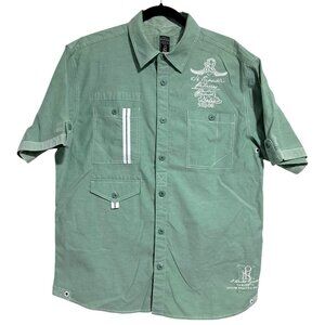 Authentic Parish Nation Mens Green Short-Sleeve Button-Up Shirt L Embroidered Lo